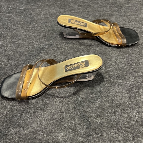 Vintage Renica Womens Size 8M Gold Lucite Wedge Heel Sandals Very Retro - Picture 4 of 13